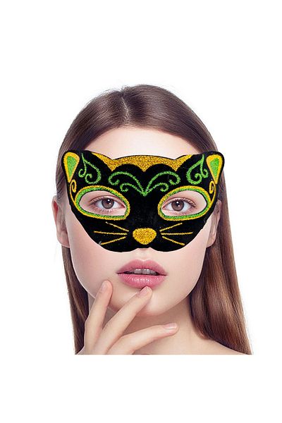 Ethab Ticaret Yellow Green Glitter Embroidered Cat Mask on Black Velvet Plating 20X13 cm (4457)