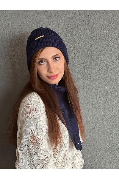 Gönülden Tasarım SET GÂTĂ BĂRĂ PENTRU FEMEI TRICOTAT MÂNĂ MĂRIME STANDARD ALBASTRU ÎNCHIS
