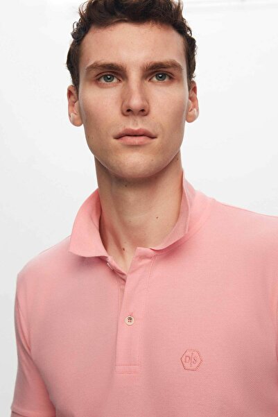 D'S Damat Pink Pique Pattern - 100% Cotton Embroidered Polo Collar T-Shirt