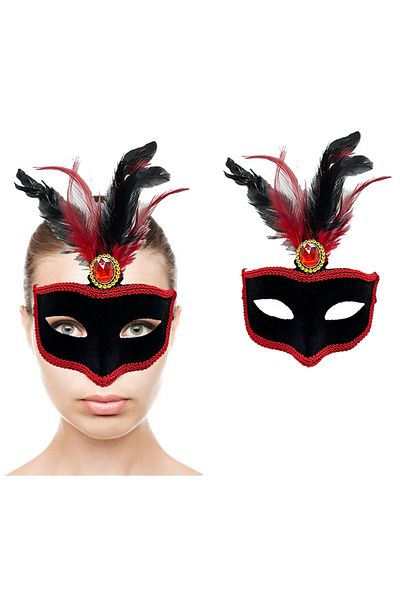 Ethab Ticaret Black with Red Lace Black with Red Feather Black Suede Covering Party Mask 17X25 cm (4457)