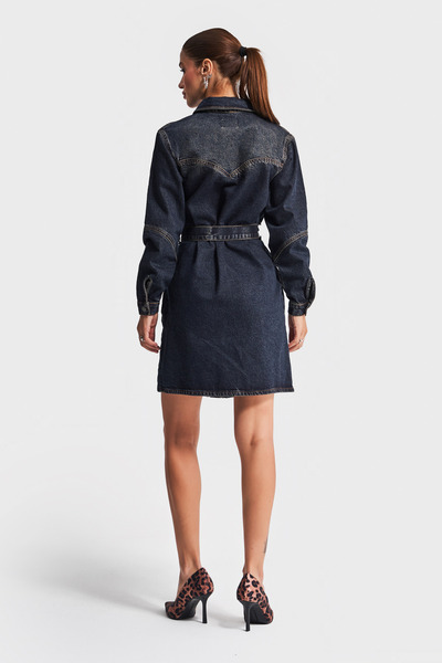 its basic Kadın T.Kot Rengi Kemer Detaylı Önü Düğmeli Denim Elbise