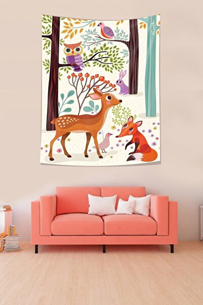 farbala Deer Owl Rabbit in the Forest Stain Resistant Fabric Wall Cloth Wall Carpet Tapestry