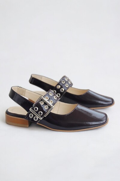 ERS Air Comfort Kadın Kahve Hakiki Rugan Deri Arkası Açık Zımbalı Babet Kemer...