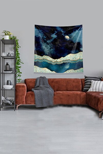 farbala Navy Blue Moon Patterned Stain Resistant Velvet Fabric Wall Cover Wal...