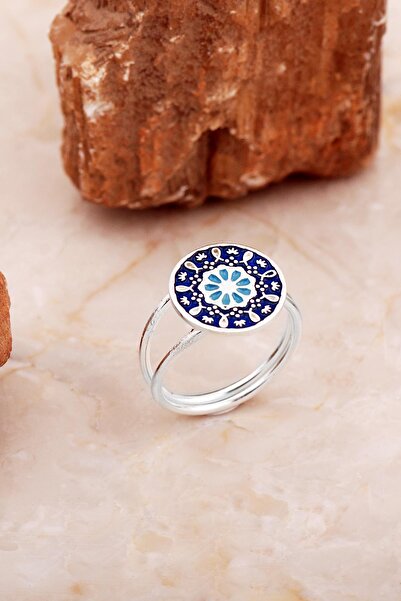 Sümer Telkari Anadolu Motifli Mineli Elişi Gümüş Çiçek Yüzük 5897