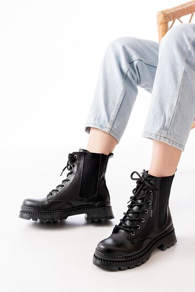 Moda Asmira 2051-298 Black Leather Flat Heeled Lace up Elastic Daily Women's Boots