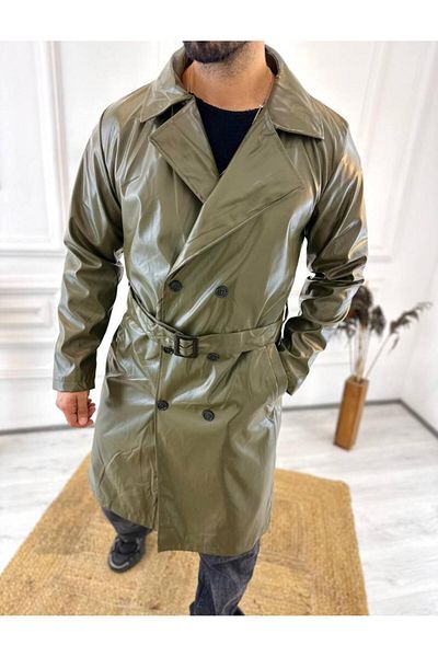 elkumoda Αδιάβροχη μακριά δερμάτινη καμπαρντίνα - Δερμάτινο παλτό με διπλό στήθος, ζώνη και τσέπες