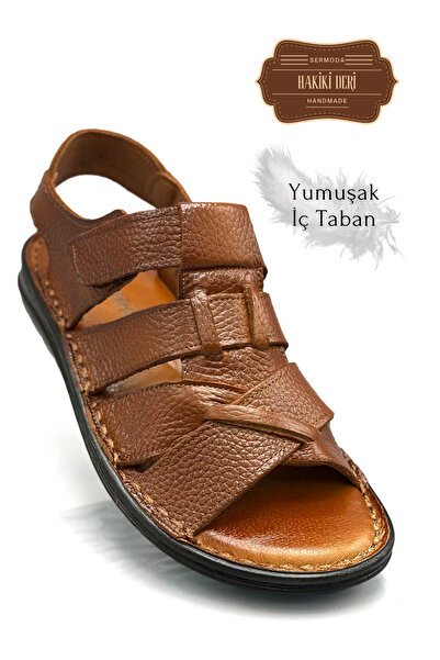 sermoda Men's Sandals - Genuine Leather, Velcro, Cross Stripe, Tan