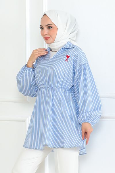 Eliva Cămașă hijab pentru femei, albastru, alb, cu dungi din satin, cu talie elastică și broderie pe piept