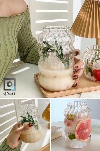 QNİAY كوب بوروسيليكات مقاوم للحرارة مكون من 4 قطع على شكل مشروبات غازية وكوكتيل وكوب تقديم قطعة واحدة