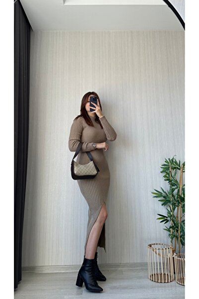 FASİON Yırtmaçlı Triko Elbise - Koyu Bej