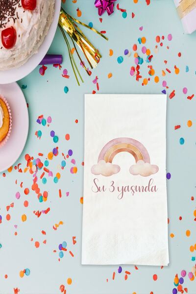 Atölye Mi Gökkuşağı Temalı Baskılı Peçete İsimli Doğum Günü Peçetesi 20 Adet