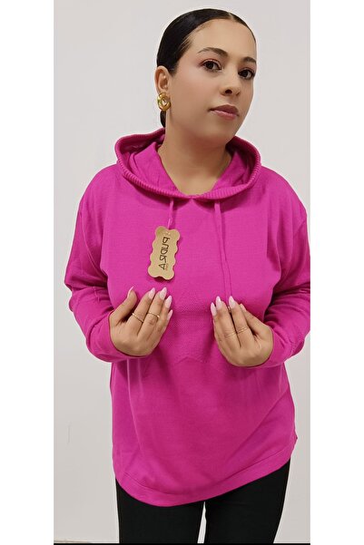 AKŞEN GİYİM BÜYÜK BEDEN MEVSİMLİK İNCE TRİKO DOKUMA KAPÜŞONLU YILDIZ BASKILI TUNİK BOY KAZAK