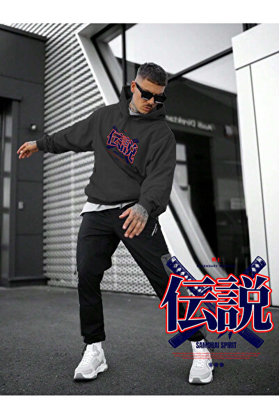 Kadın, Erkek Sweatshirt Oversize Samurai Spirit Baskılı Kalın Siyah Sevgili Sweatshirt