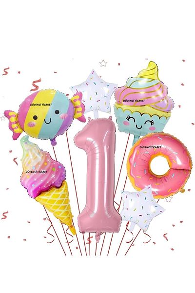 DÜVENCİ TİCARET 7 Pieces Pentagram Rainbow and Pink Donut Foil Balloons Set