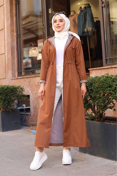 ALNİSS COLLECTİON Ολόσωμη ριγέ κουκούλα μακριά καμπαρντίνα - Λεπτομέρεια στον αστράγαλο