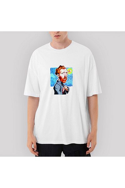 CrowsGate Van Gogh Cartoon Oversize White T-Shirt