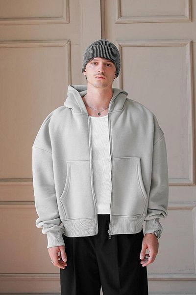 HAFKAGİYİM Unisex Γκρι Cozy Basic Φούτερ με πλήρες φερμουάρ Oversize Άνετη εφαρμογή