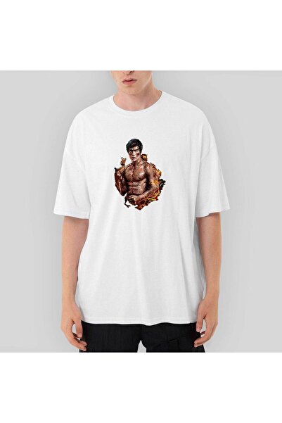 CrowsGate Tricou alb supradimensionat Bruce Lee Kick Dragon