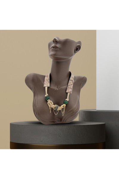 AGG TASARIM Yeşil Boncuklu Zincirli Yılan Desenli Deri  Kolye