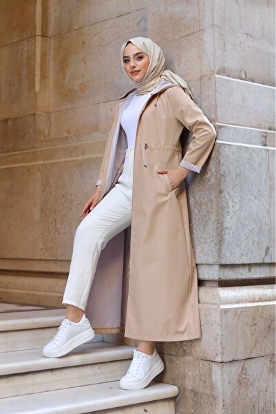 ALNİSS COLLECTİON Bileği ve İçi Çizgili Kapüşonlu Tam Boy Uzun Trençkot