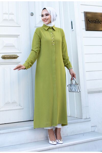 ALNİSS COLLECTİON Önleri Toka Detaylı Gizli Düğmeli Uzun Ferace Tunik