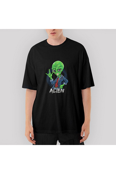 CrowsGate Tricou negru Rock Star Alien supradimensionat L