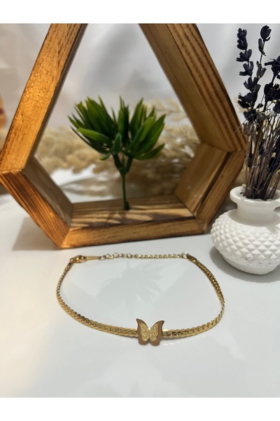stainles steel Gold Colored Steel Women - Fish Back Chain and Butterfly Detailed Anklet Model