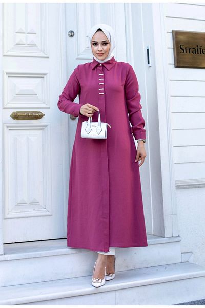 ALNİSS COLLECTİON Long Ferace Tunic with Buckle Detail on the Front and Hidden Buttons