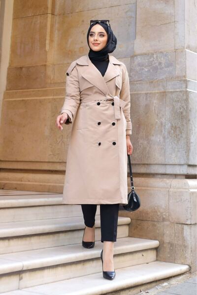 ALNİSS COLLECTİON Double Breasted Collar and Waist Belted Lined Shoulder Trench Coat