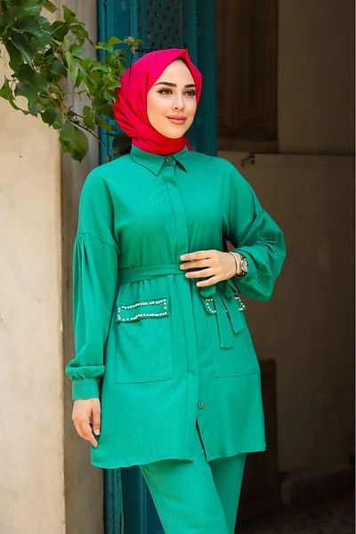 suffemoda Belted Hijab Set with Pearl Detail on Pockets