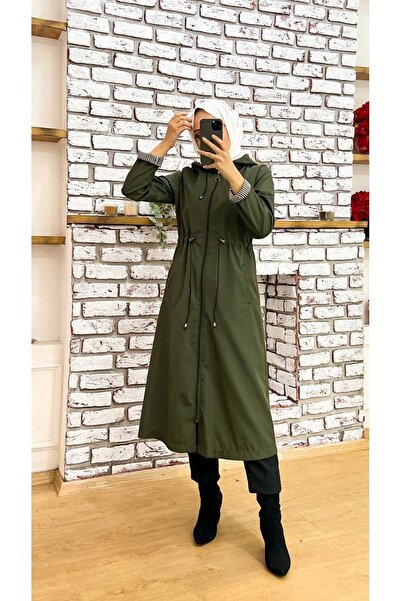 ALNİSS COLLECTİON Büyük Beden Fermuarlı Kendinden Astarlı Uzun Tesettür Trençkot