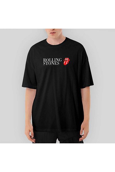 CrowsGate The Rolling Stones Logo Text Oversize Black T-Shirt