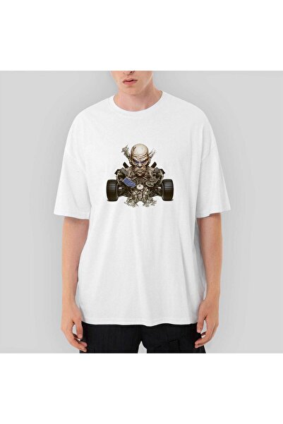 CrowsGate Λευκό μπλουζάκι Skull Car oversized