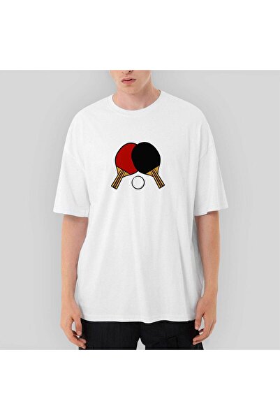 CrowsGate تي شيرت أبيض كبير الحجم بلون مضارب بينج بونج