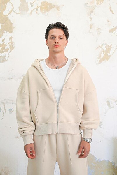 HAFKAGİYİM Κρεμ Άνετο Basic Φούτερ με πλήρες φερμουάρ Oversize