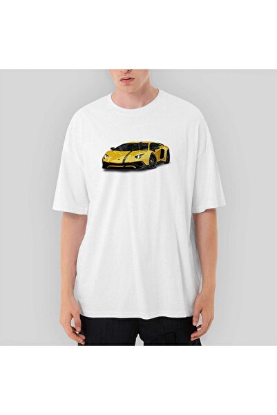 CrowsGate Tricou Lamborghini Aventador Galben supradimensionat Alb XL