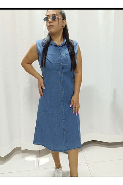 AKŞEN GİYİM Femei de mărime mare - Blugi subțiri, guler de cămașă din denim și rochie de blugi fără mâneci cu nasturi în sus