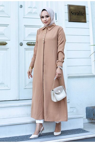 ALNİSS COLLECTİON Long Ferace Tunic with Buckle Detail on the Front and Hidden Buttons