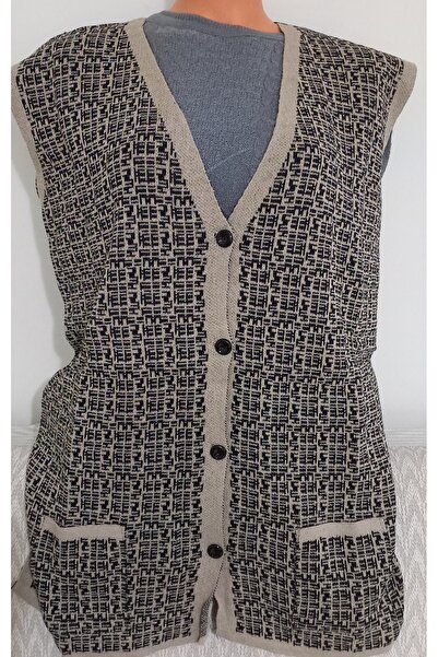 Anne Beige Patterned Oversize Knitwear Vest - Winter Clothing with Buttons and Pockets