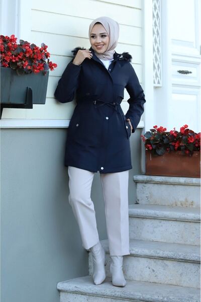 ALNİSS COLLECTİON Women's Waterproof Coat with Waist Tie and Fur Inside and R...