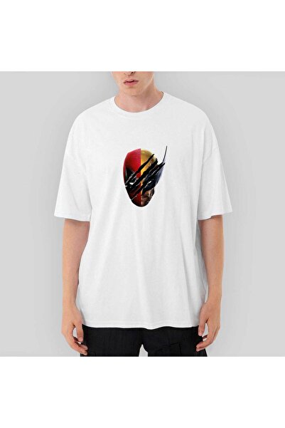 CrowsGate Tricou alb Deadpool Wolverine Siluetă supradimensionat