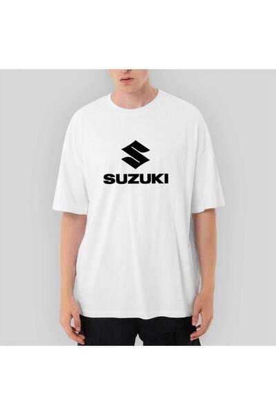 CrowsGate Tricou alb supradimensionat cu textul cu logo Suzuki