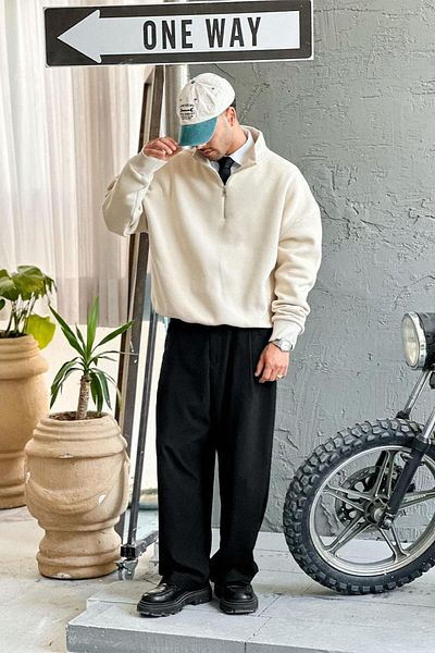 HAFKAGİYİM Κρεμ Φούτερ με γιακά Polo Cozy Basic Oversize
