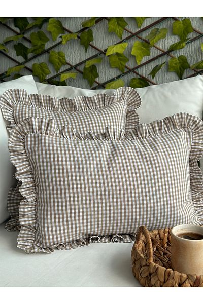 Decamor home Βαμβακερό λινό μπεζ Μίνι Gingham βολάν Κάλυμμα μαξιλαριού 1 τεμάχιο