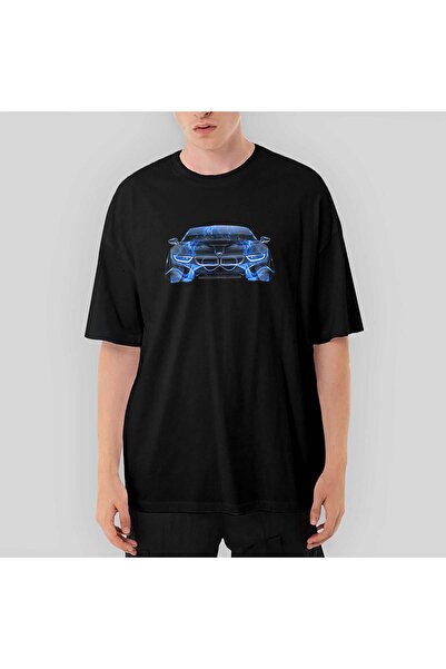 CrowsGate Tricou negru BMW i8 Front Fire Abstract Car supradimensionat