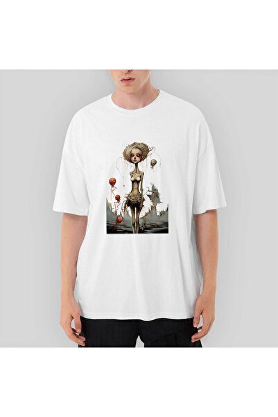 CrowsGate Tricou alb supradimensionat, desenat, exterior nefericit