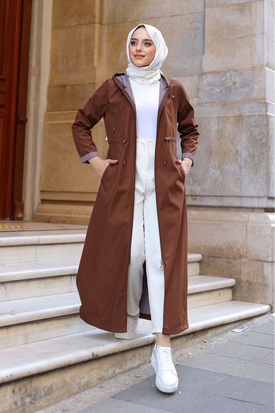 ALNİSS COLLECTİON Full Length Long Trench Coat with Ankle and Stripe Inside Hood