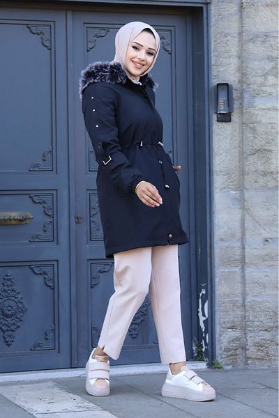 ALNİSS COLLECTİON Waterproof Women's Coat with Removable Hood and Fur Inside with Belt Detail on Sleeves