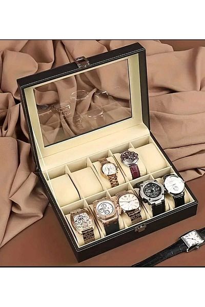zyc Watch Storage Box with 10 Slots Luxury Leather Glass Lid Stylish Design